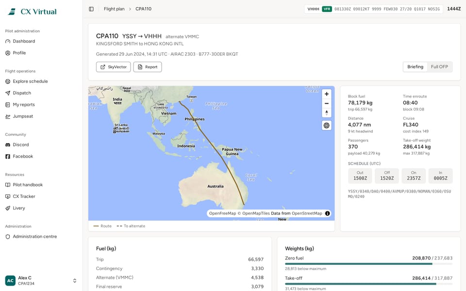 A SimBrief flight plan briefing: route map, fuel, weights and schedule