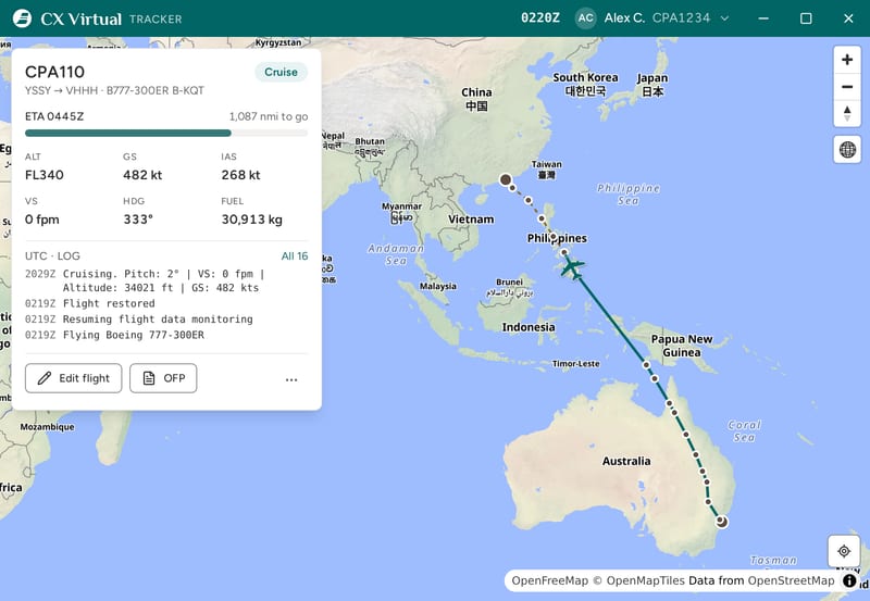 CX Tracker following CPA110 from Sydney to Hong Kong in the cruise over the Philippines: altitude, speeds, fuel and the flight log